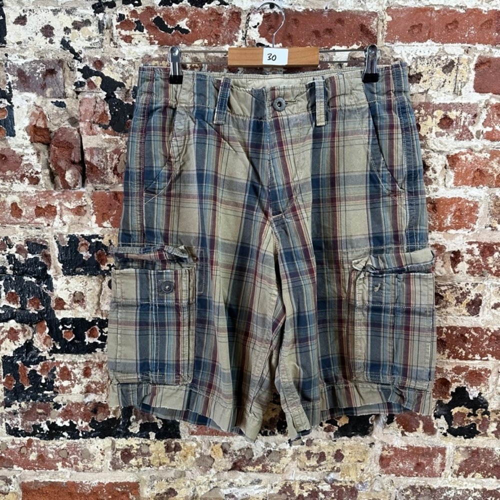 American Eagle Brown Blue Plaid Cargo Shorts Classic Length y2k Mens 30